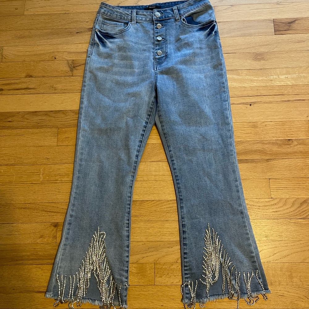 High-Rise Rhinestone-Hem Jeans